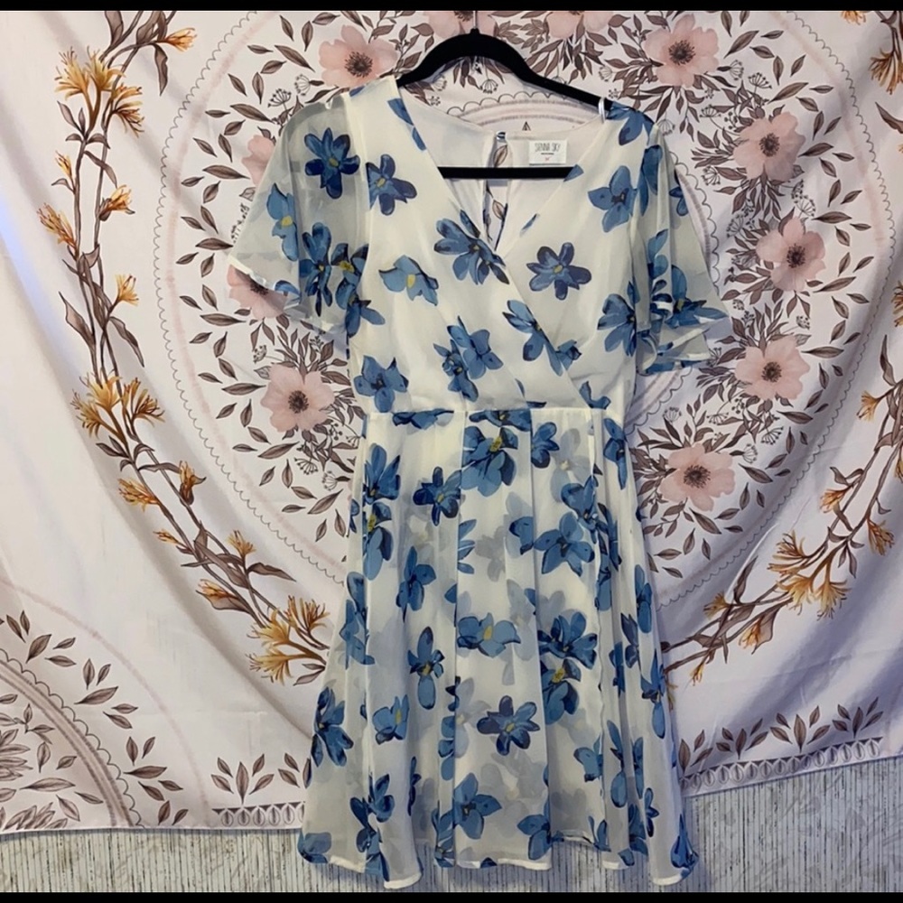 Sienna Sky Floral White Blue Chiffon Flowy Mini Dress